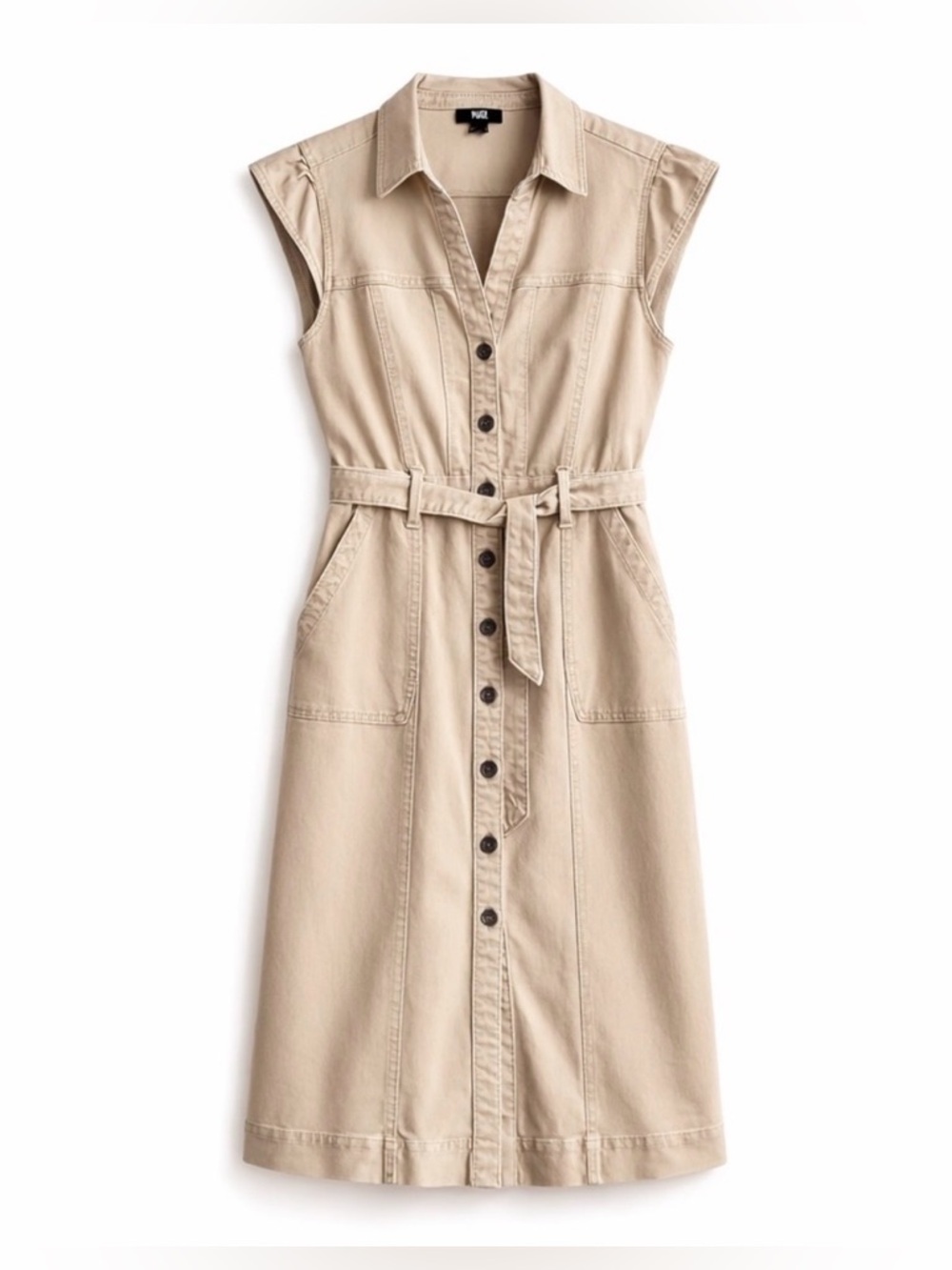 PAIGE Jaxsyn Midi Dress Utility Shirt Dress Belted Warm Sand Size 8 - Picture 2 of 10